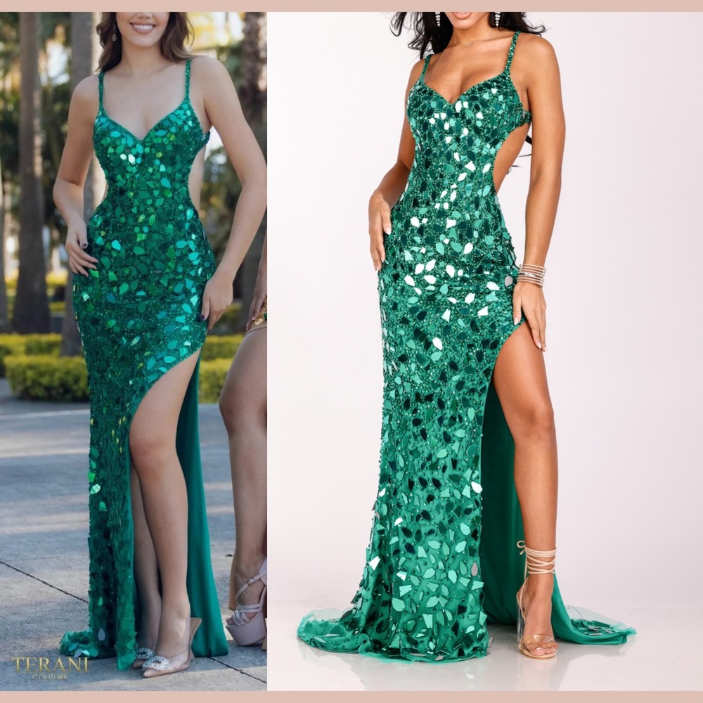 NWT Terani Couture [ 12 ] 2111P4064 Mirror Embelished‎ Slit Gown Emerald J2420